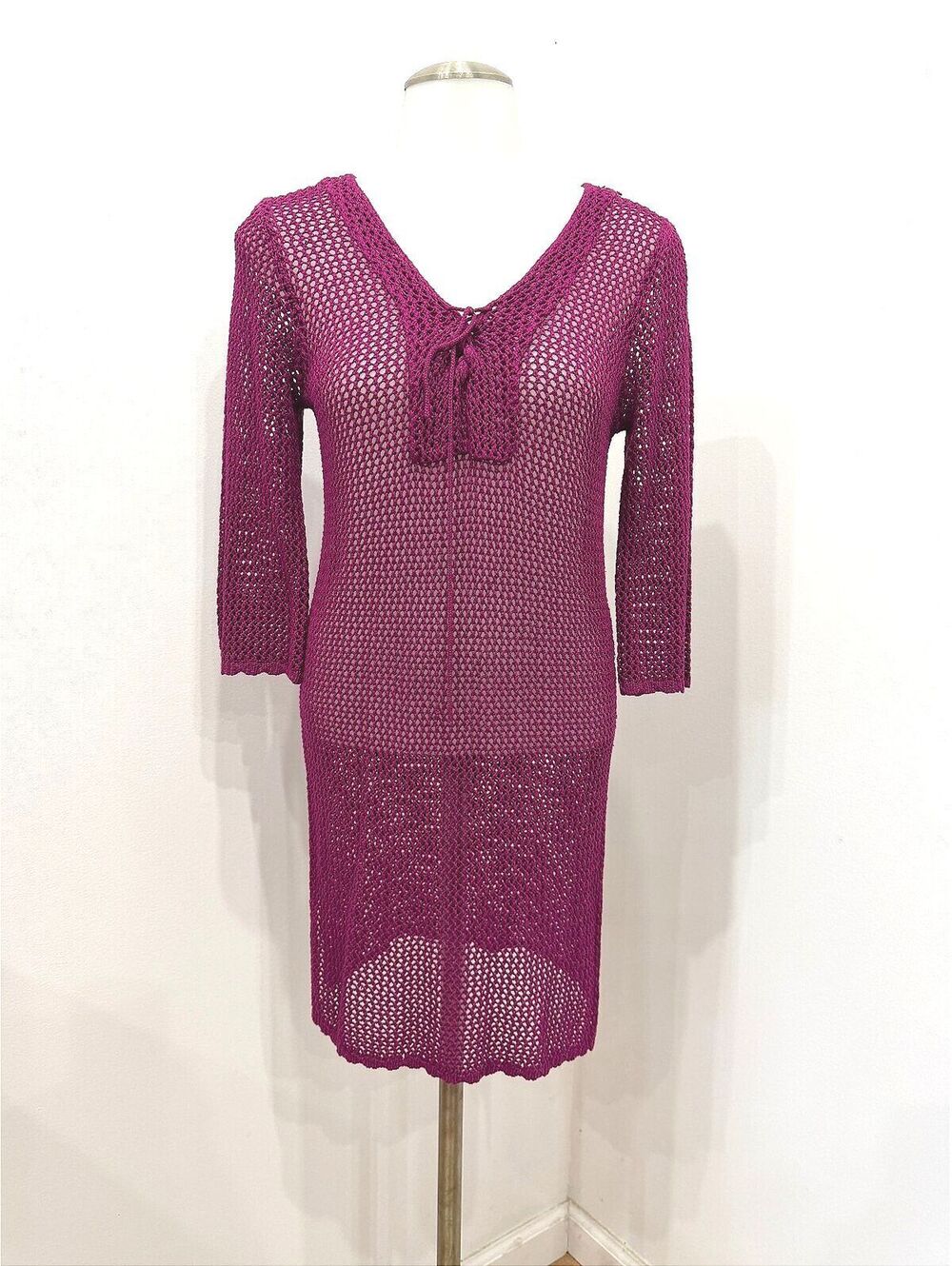 Vintage Purple Crochet Knit Dress with Tie Neck Cover Up Swim